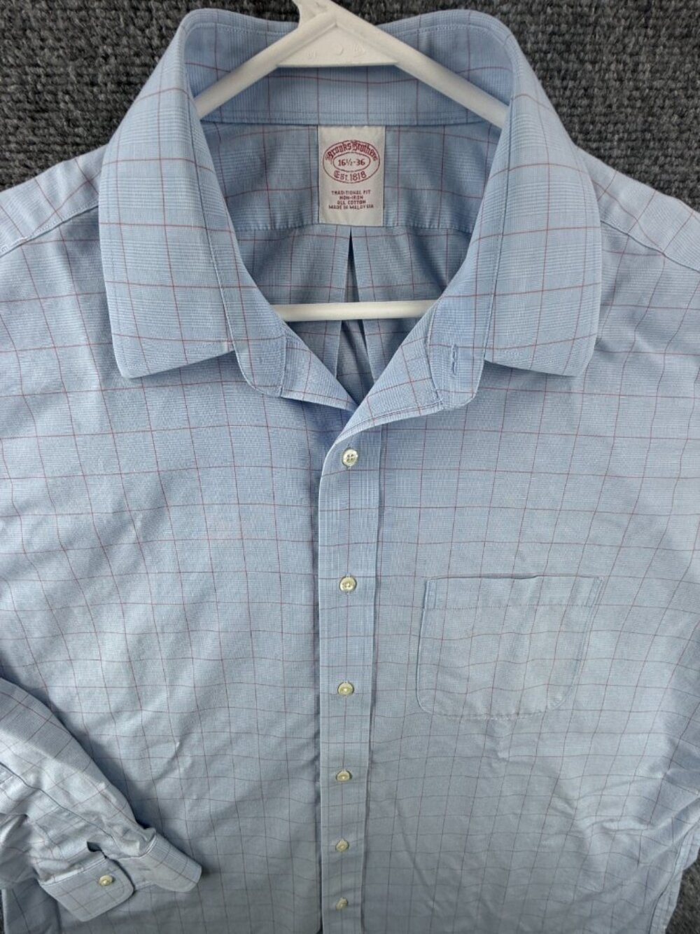 Brooks Brothers Cotton Check Traditional Non-Iron 16.5 36 Blue Men Shirt Pocket